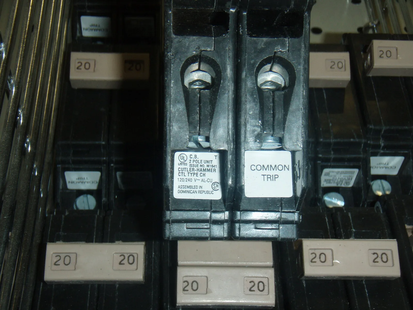A two pole common trip breaker between tandem breakers in a panel