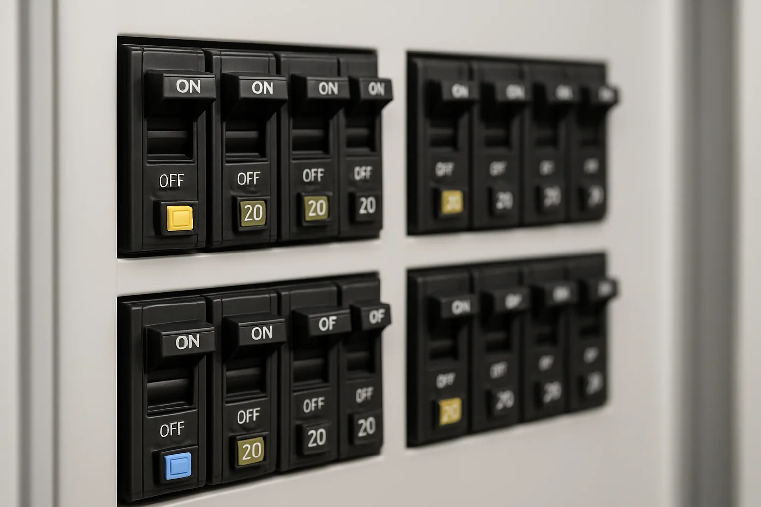 A close-up of a modern residential load center with two neat rows of circuit breakers and small colored test buttons.