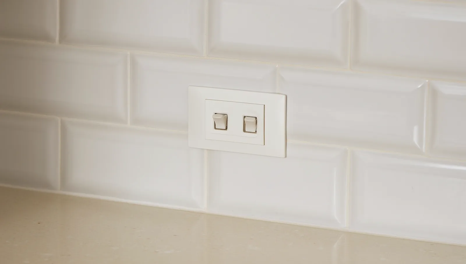 A white electrical outlet with two small buttons set into a light, tiled kitchen wall above a counter.