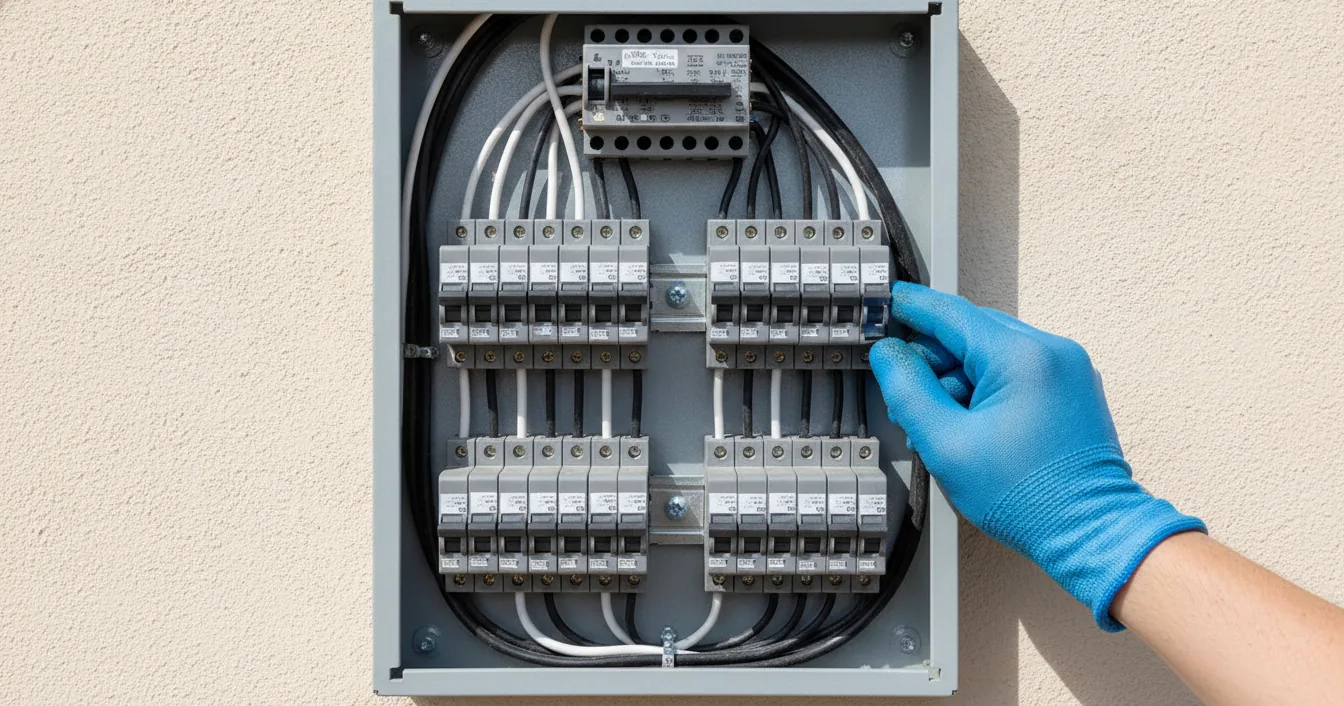 An open residential electrical panel on a wall with two rows of circuit breakers and a hand reaching toward one of them.