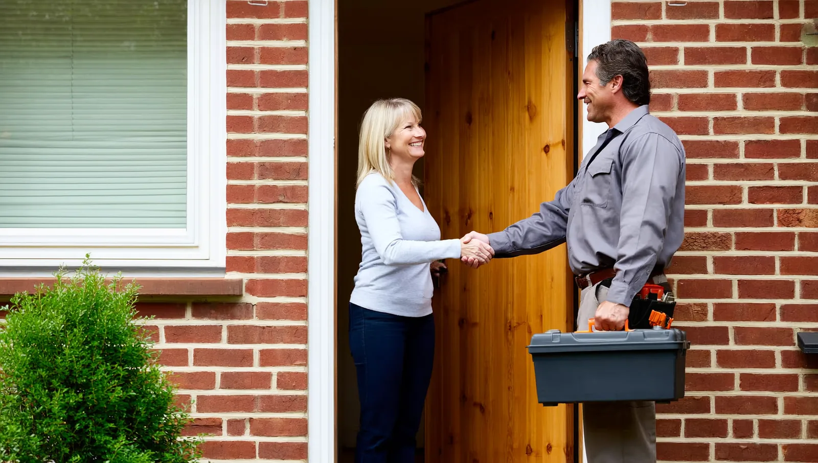 Electrician greeting a homeowner at the front door