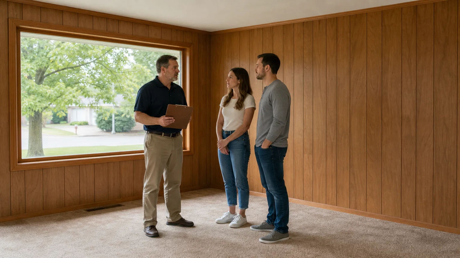 Home inspector with a couple in an empty room