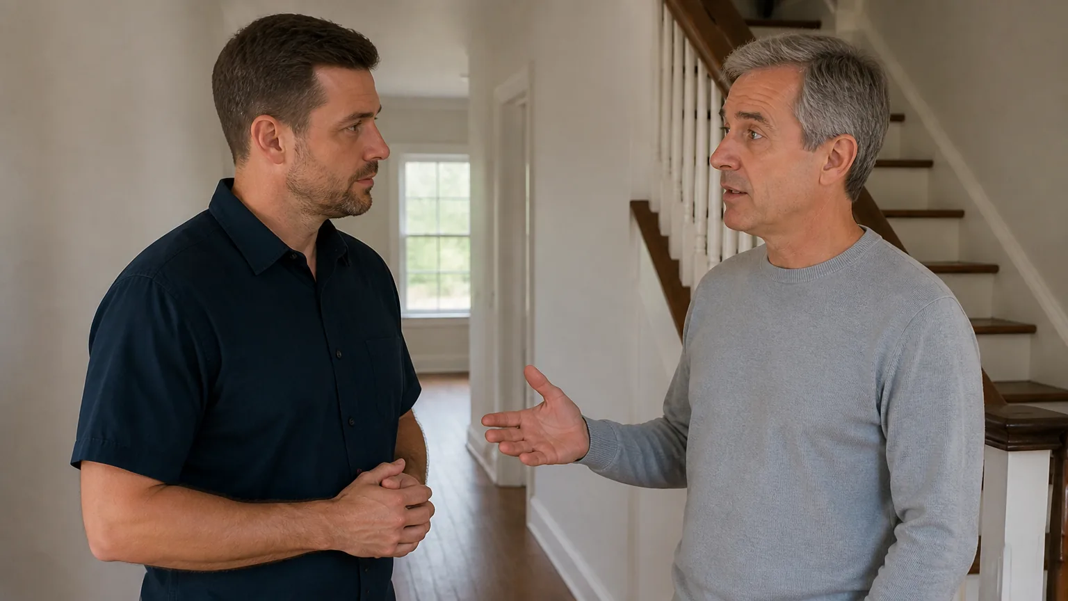 An electrician and a homeowner talking in a hallway