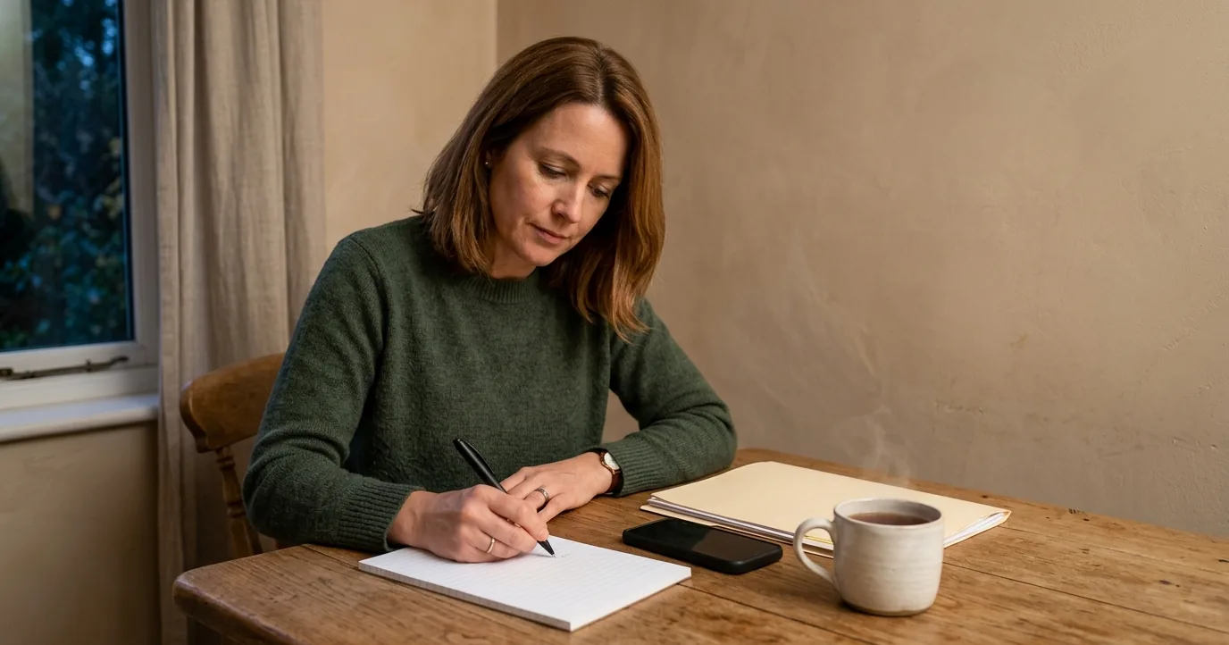 A woman writing notes at a kitchen table
