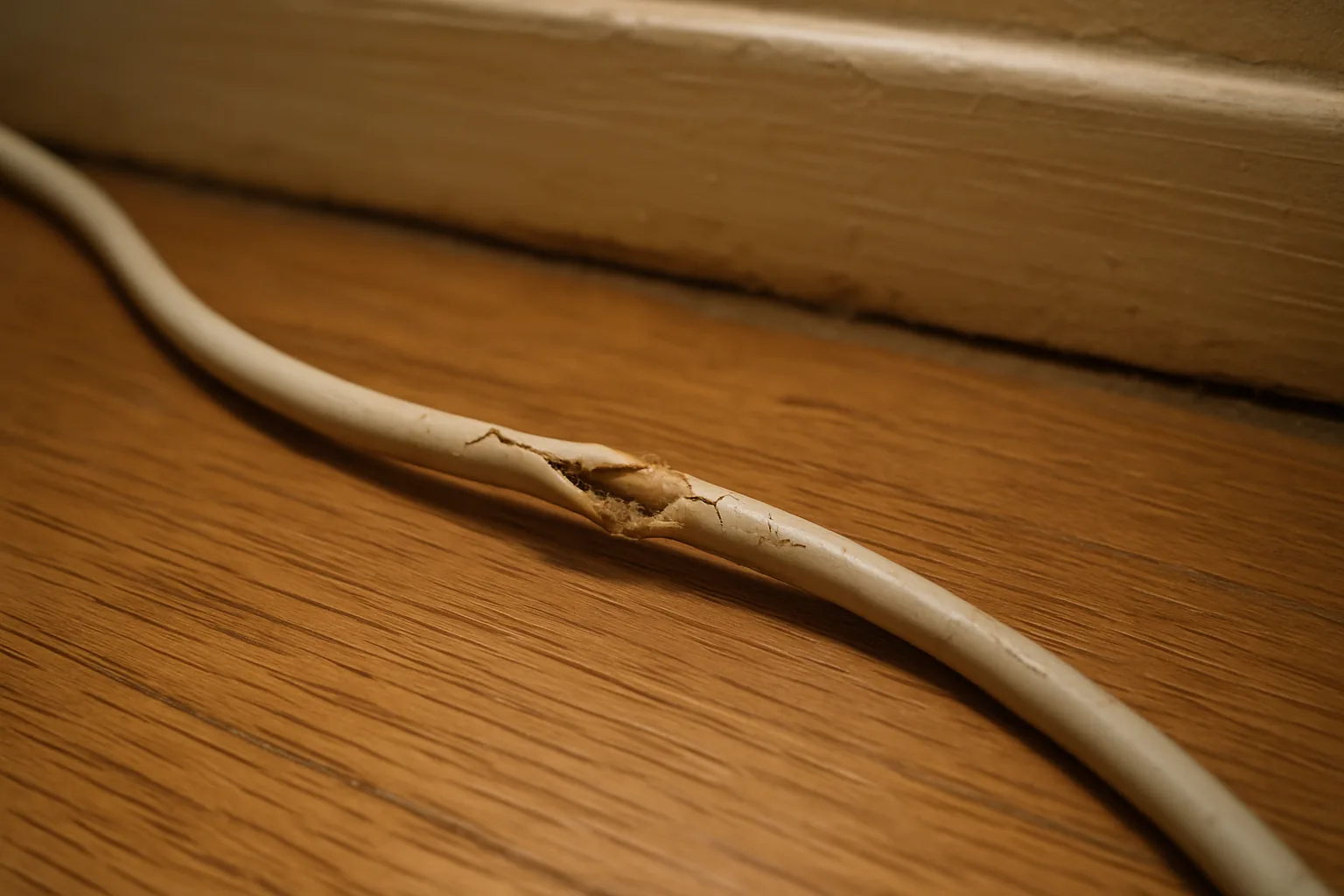 A close-up of a frayed white electrical cord with cracked, worn insulation lying on a wooden floor.