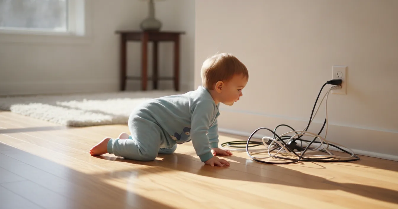 A toddler crawling across a living room floor toward a wall outlet and a tangle of appliance cords.