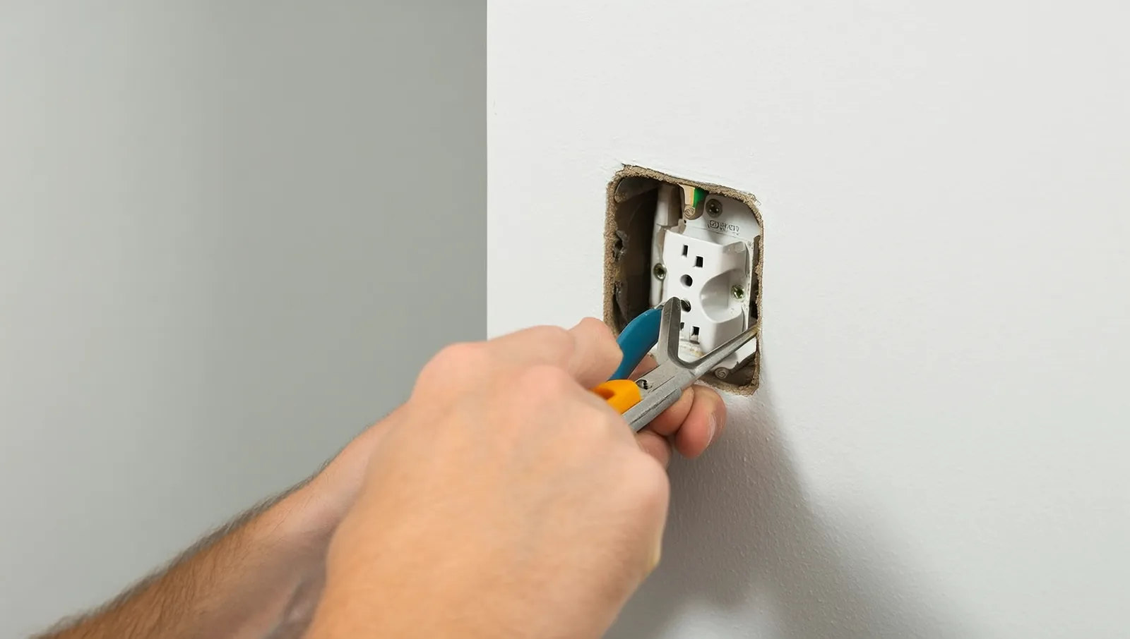 An electrician's hands using a screwdriver to install a white electrical outlet into an open wall box.