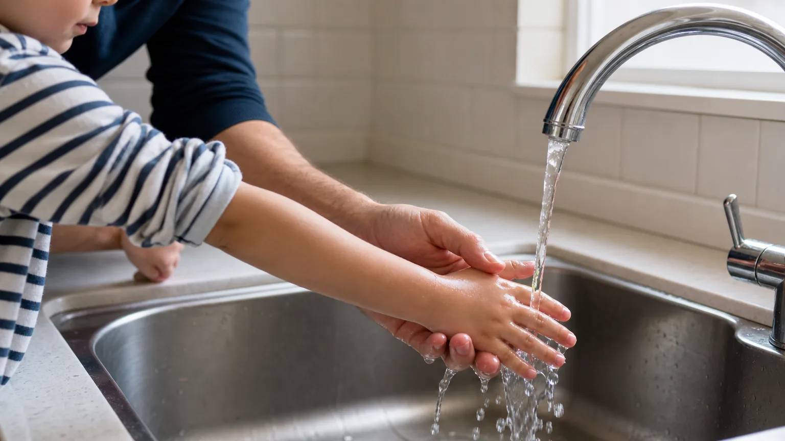 Adult holding a child's hand under a running faucet