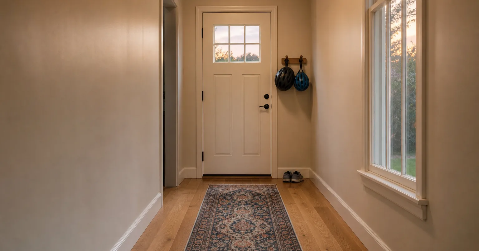 Clear front hallway with bike helmets by the door