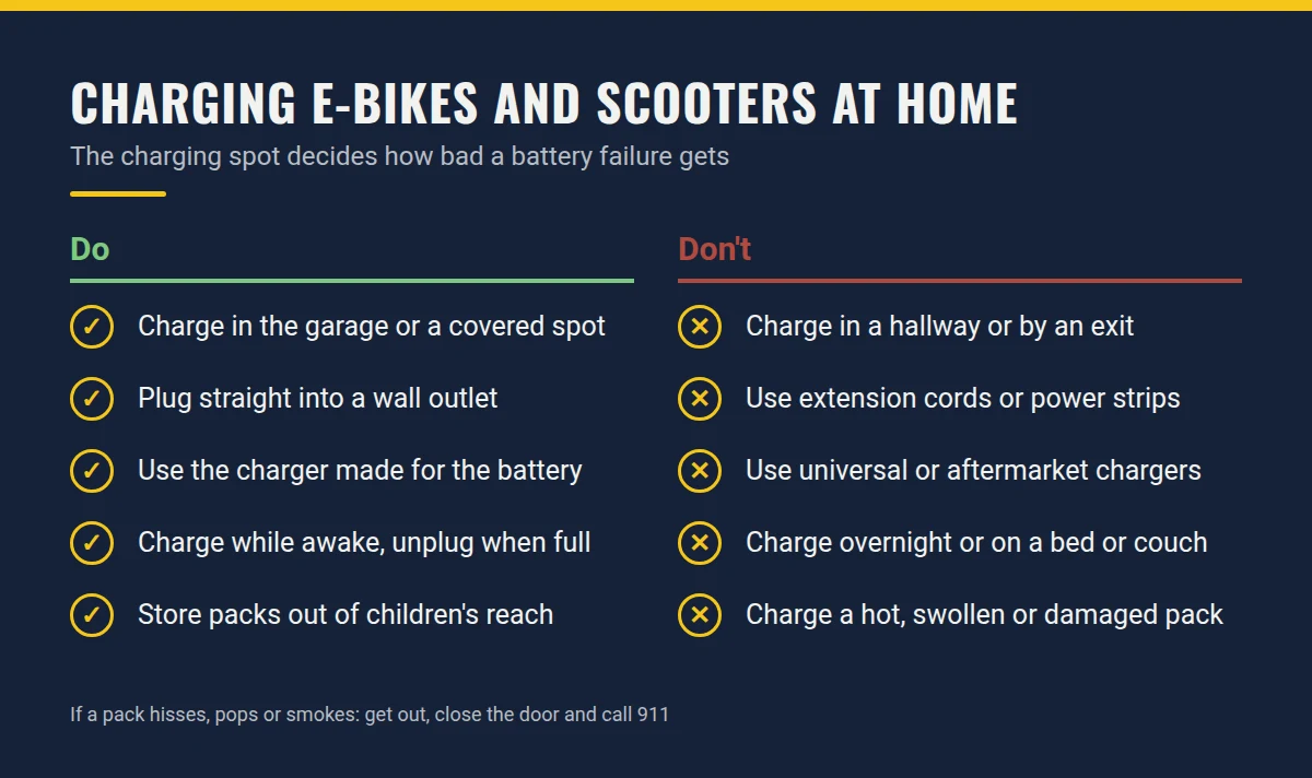 Summary card: Charging E-Bikes and Scooters at Home
