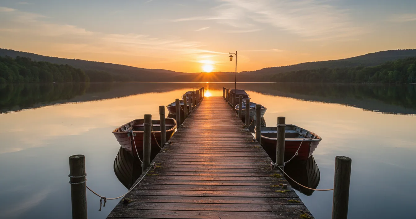 A wooden boat dock extending over a calm freshwater lake at golden hour with small boats moored alongside.