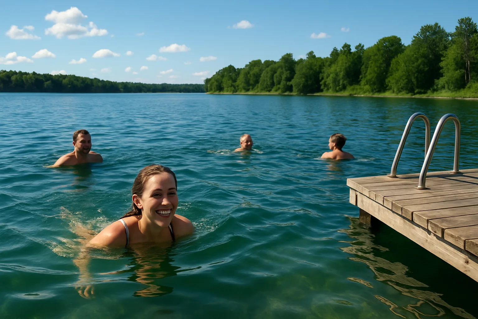 Swimmers in a freshwater lake beside a wooden dock on a bright summer day.