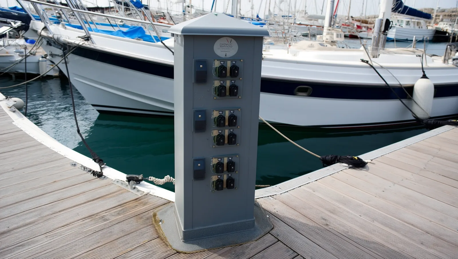 A marina shore power pedestal with electrical outlets on a wooden dock beside moored boats.