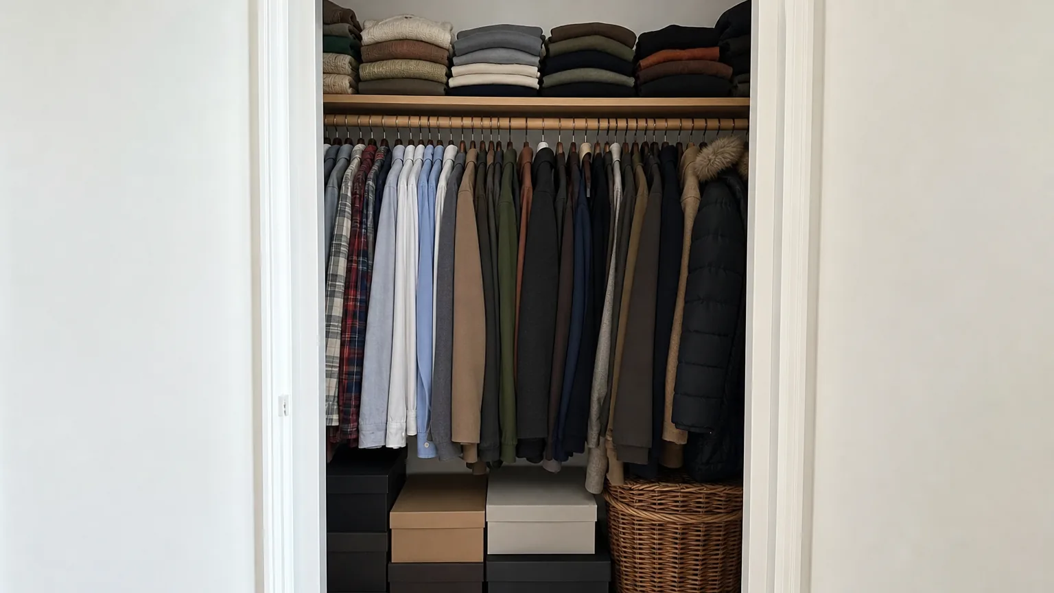 Clothes and shoe boxes packed into a closet