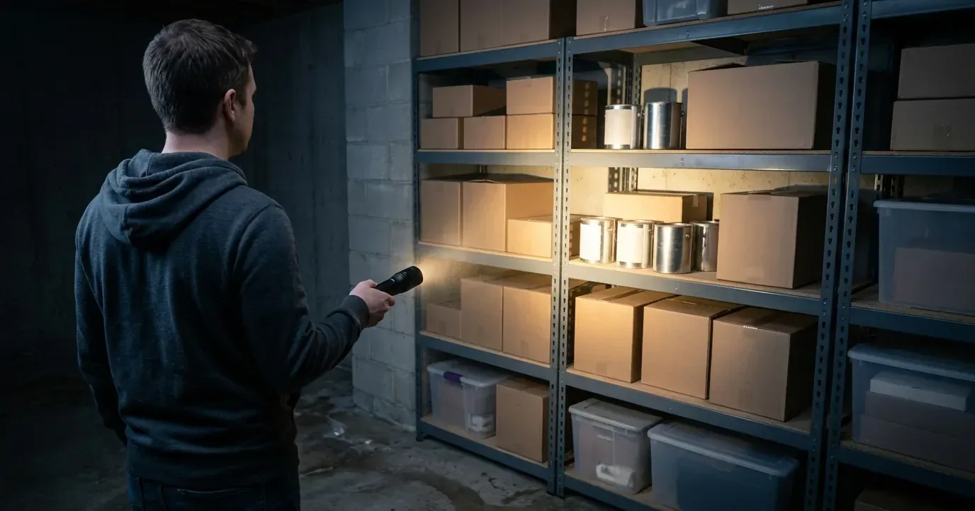 Person with a flashlight facing basement shelves
