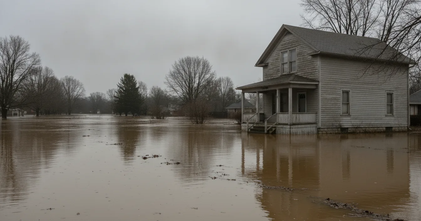 A weathered two-story wood-frame house standing in brown floodwater that has risen to its porch steps under an overcast sky.