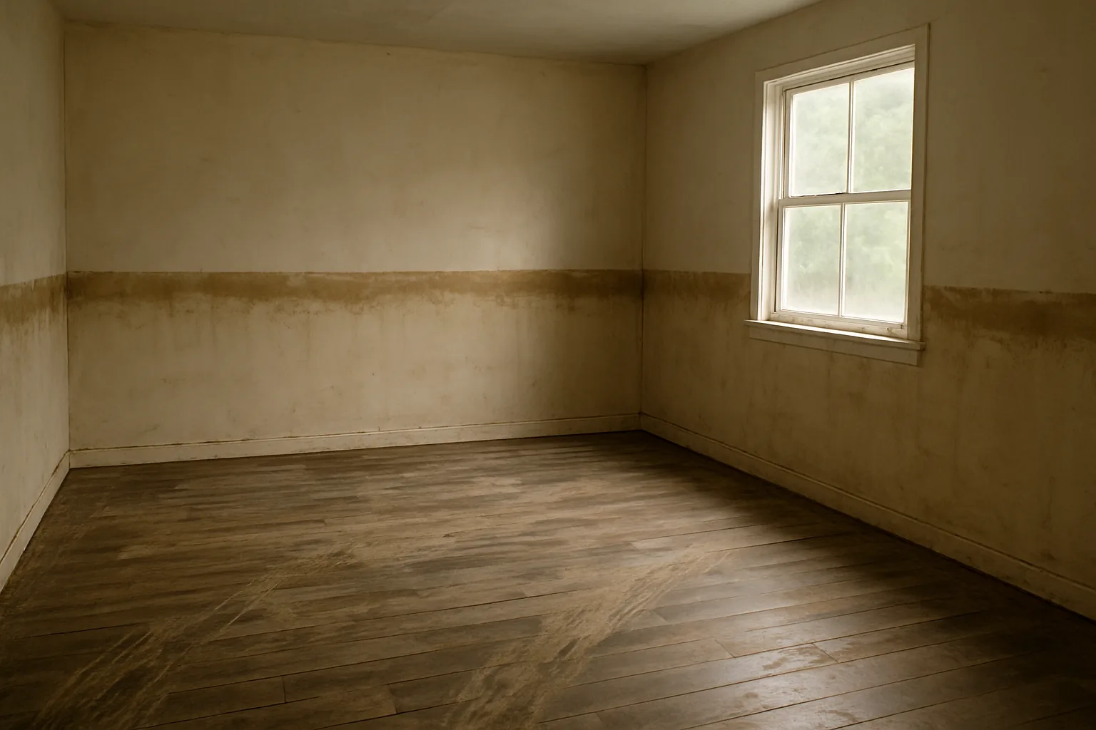 An emptied room after floodwater receded, with a brown high-water stain running across the walls and dried silt streaked over the plank floor.