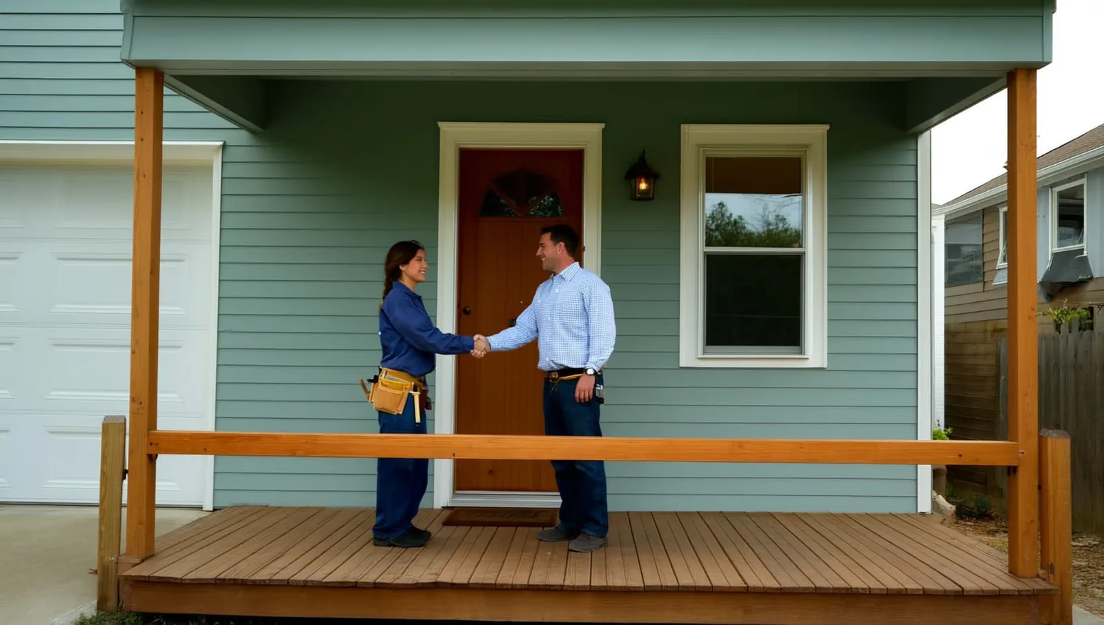 Two people shaking hands on a house front porch