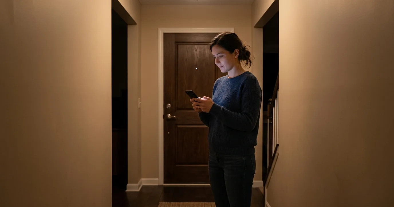 A person in a home entryway looking at a phone