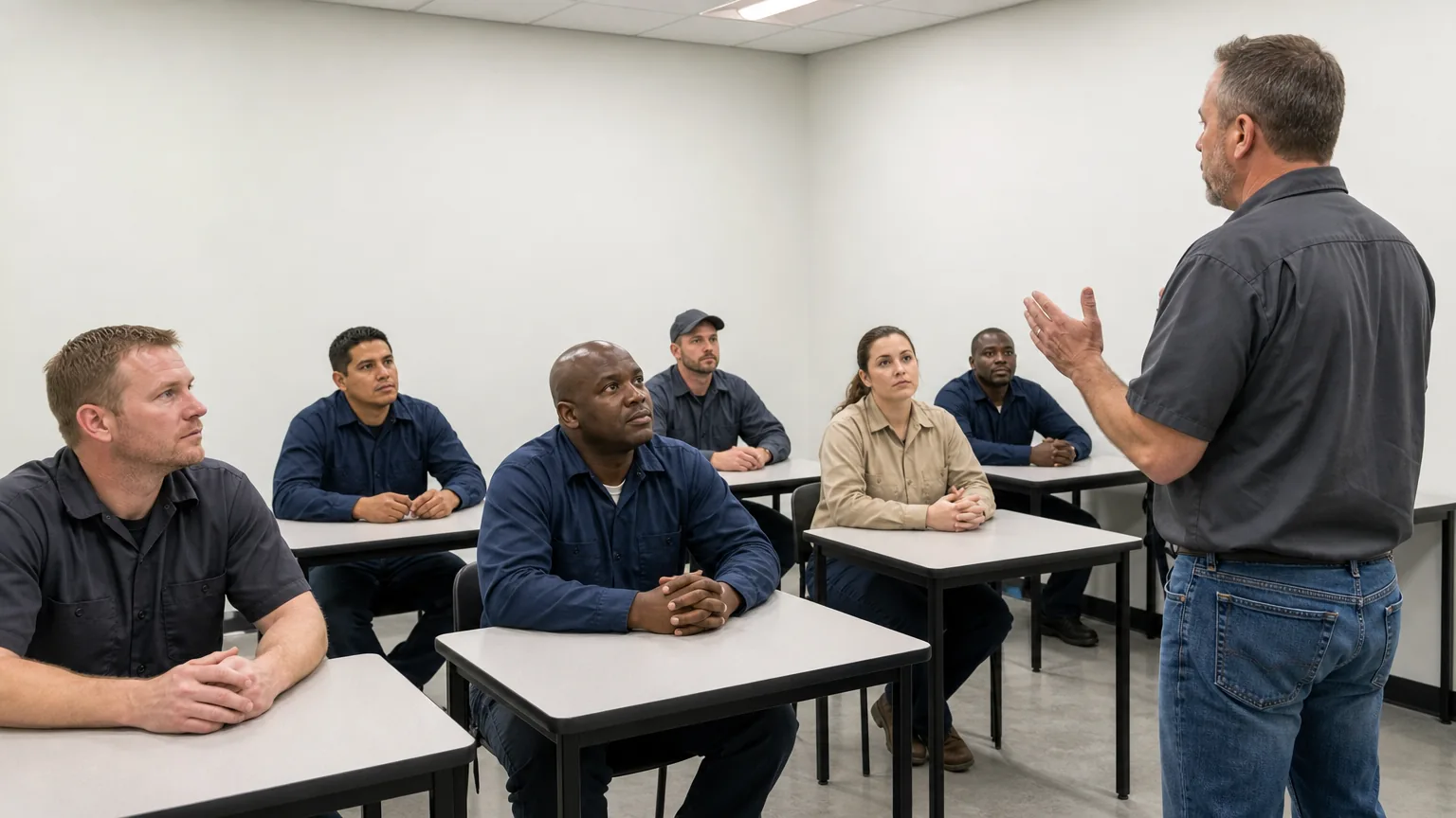Adult students at desks facing an instructor in a classroom