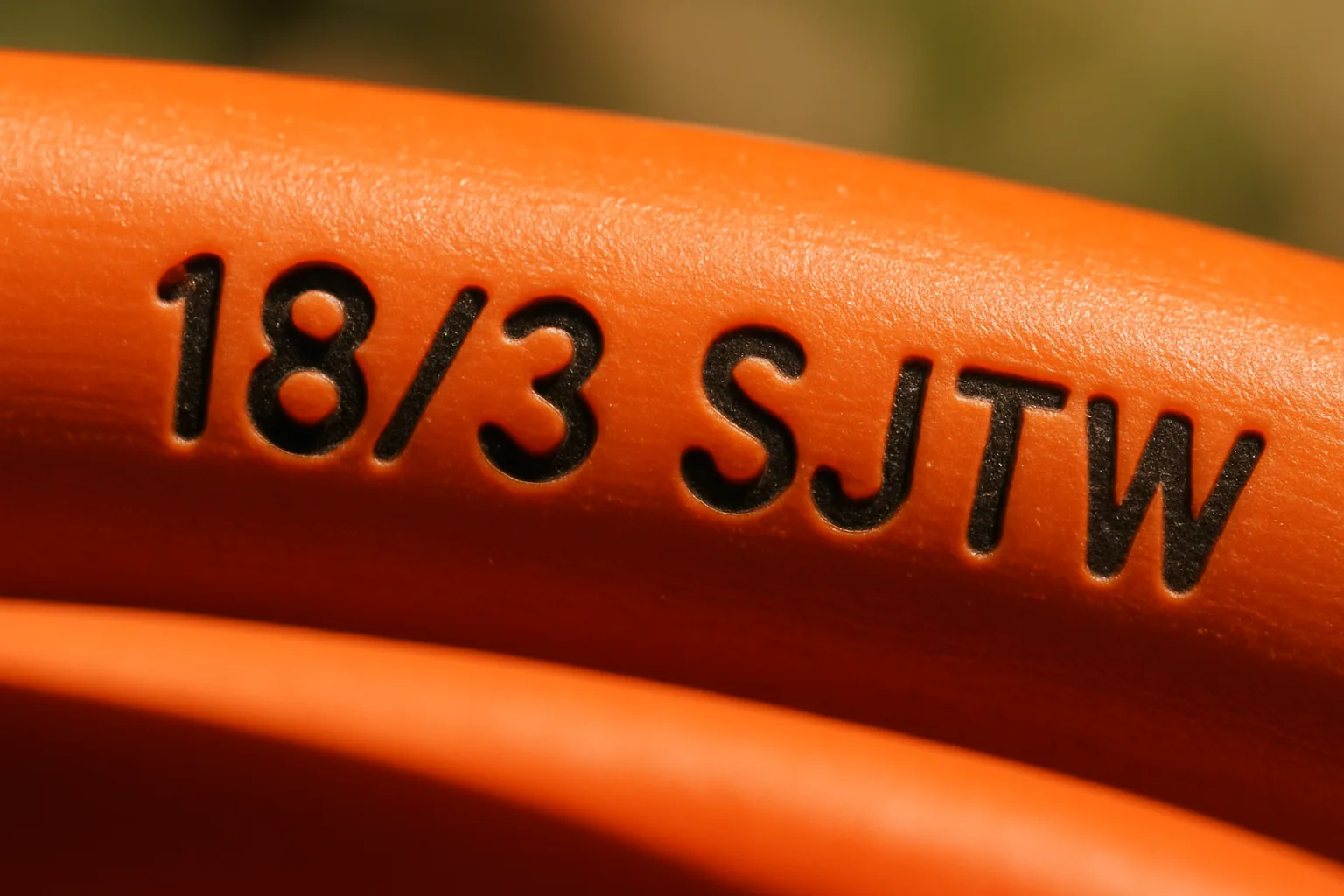 A close-up of an orange outdoor extension cord jacket showing the printed gauge and SJTW type rating along the insulation.