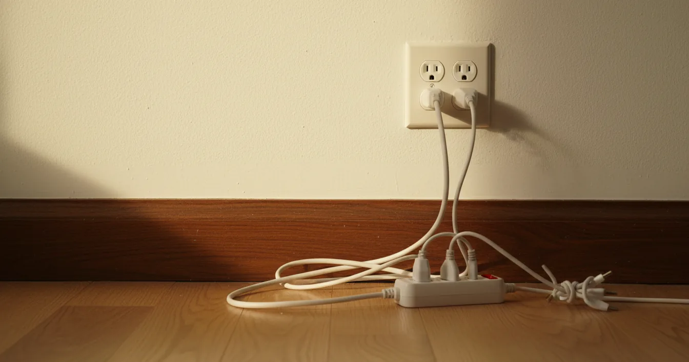 A wall outlet feeding several cords down into a white power strip on the floor beside a wooden baseboard.