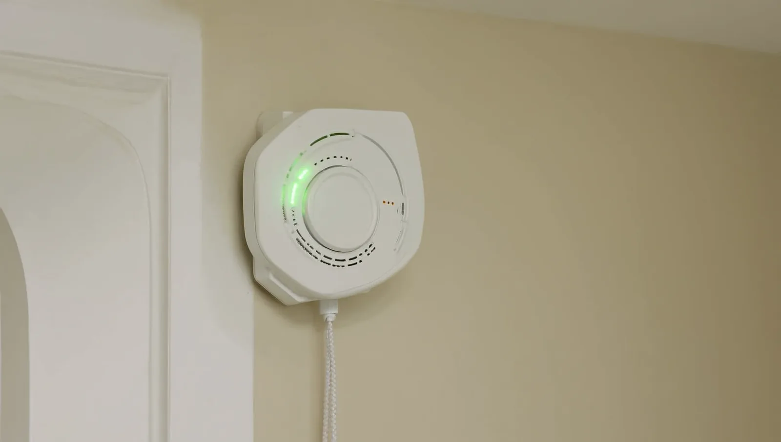 A white carbon monoxide alarm mounted on a hallway wall with its status light glowing.