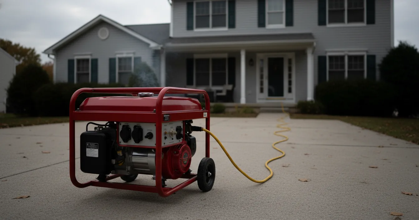 A red portable generator running on a driveway well away from a house during a power outage.