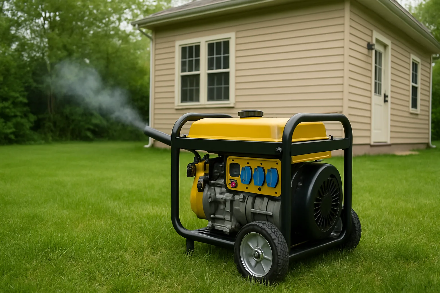 A portable generator running on grass in a backyard, set well away from the house with its exhaust pointed away from the windows.