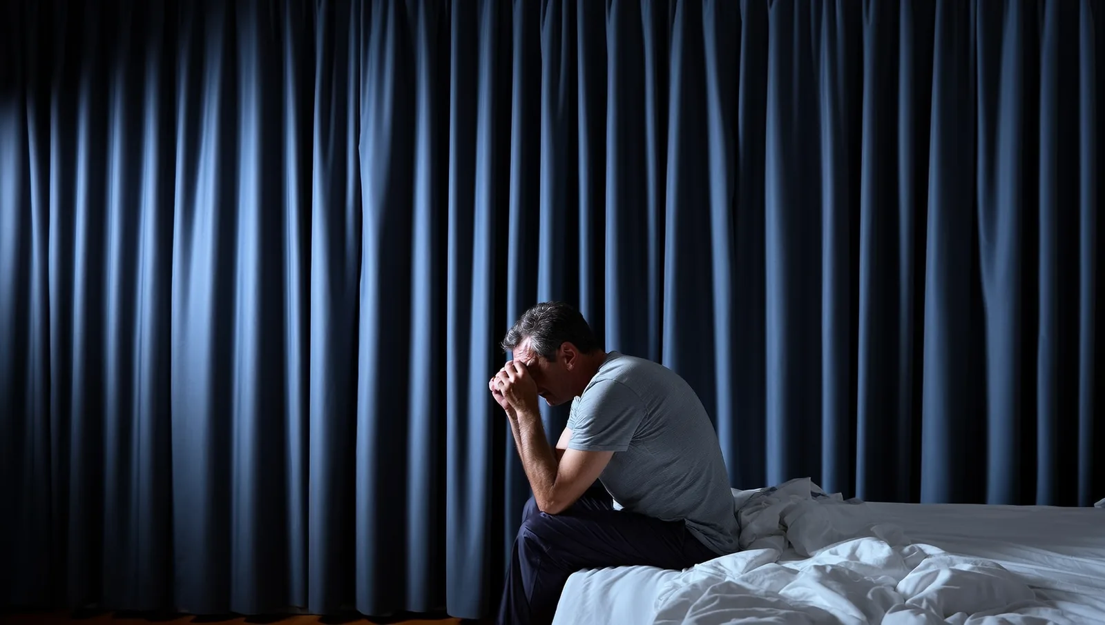 Man sitting awake on the edge of his bed at night