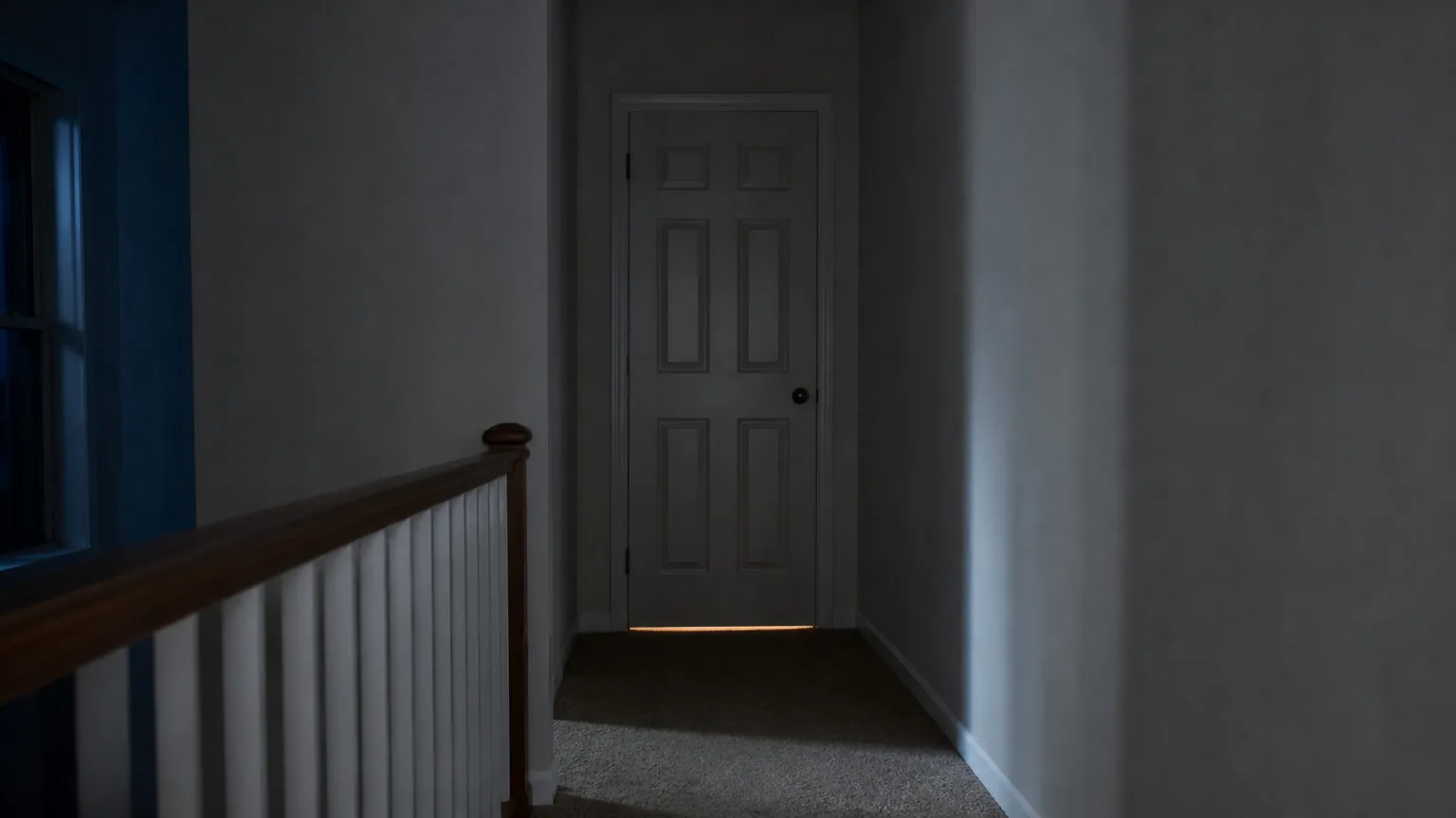 Closed bedroom door at the end of a dark hallway