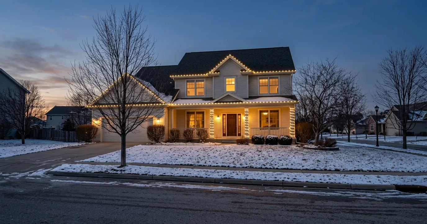 A two story house with light strings along the roofline