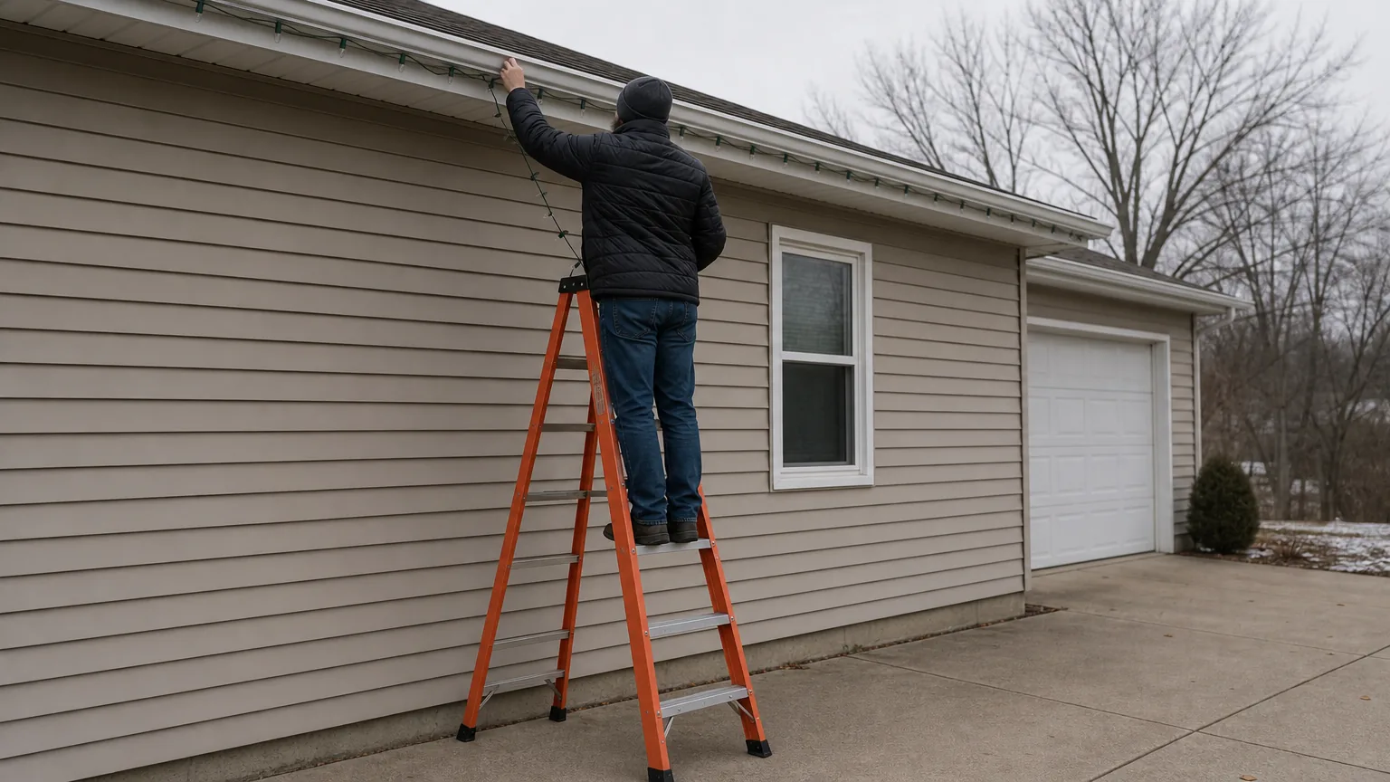 A person on a stepladder clipping lights to a house gutter