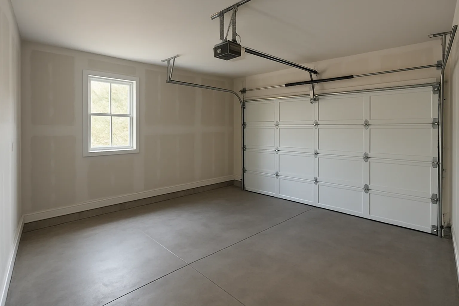 An empty two car garage with bare walls and a closed sectional door
