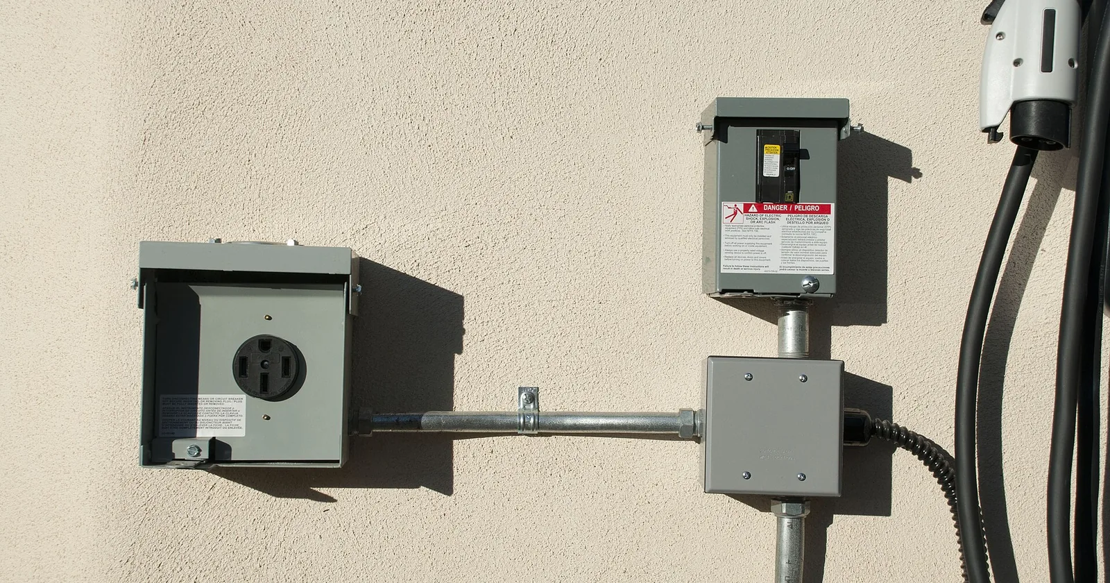 A NEMA 14-50 receptacle and a breaker disconnect on a stucco wall