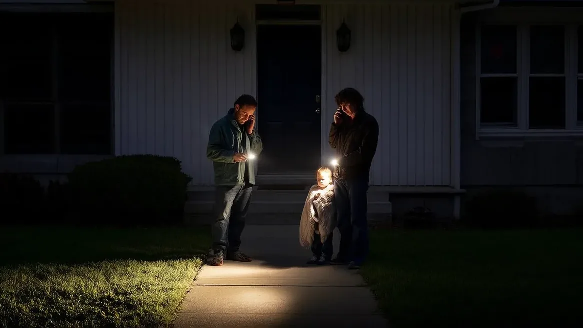 Family waiting outside a dark house at night
