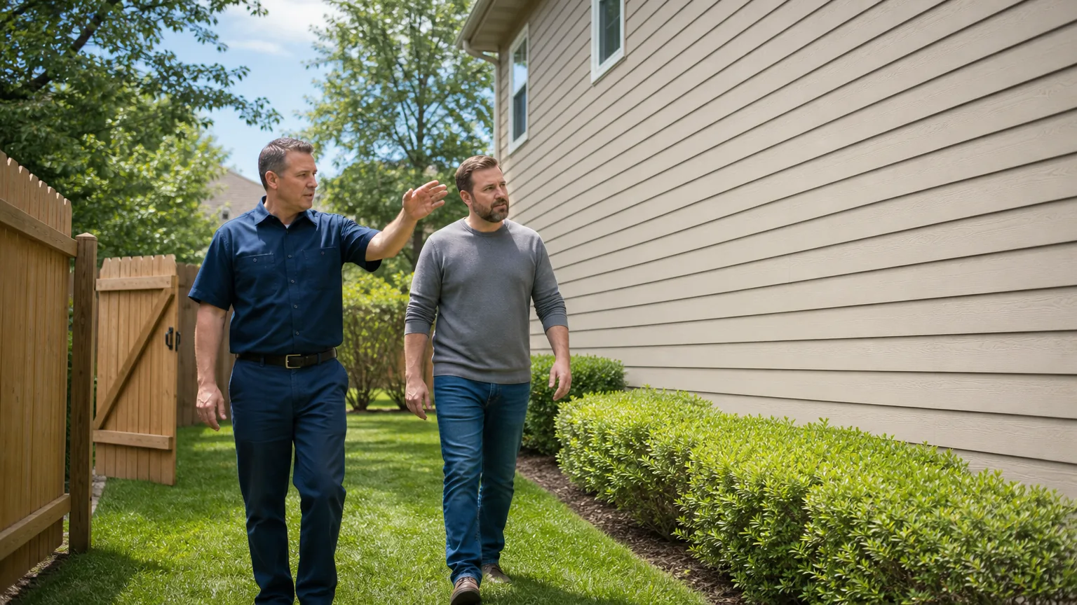 Electrician and homeowner walking a side yard