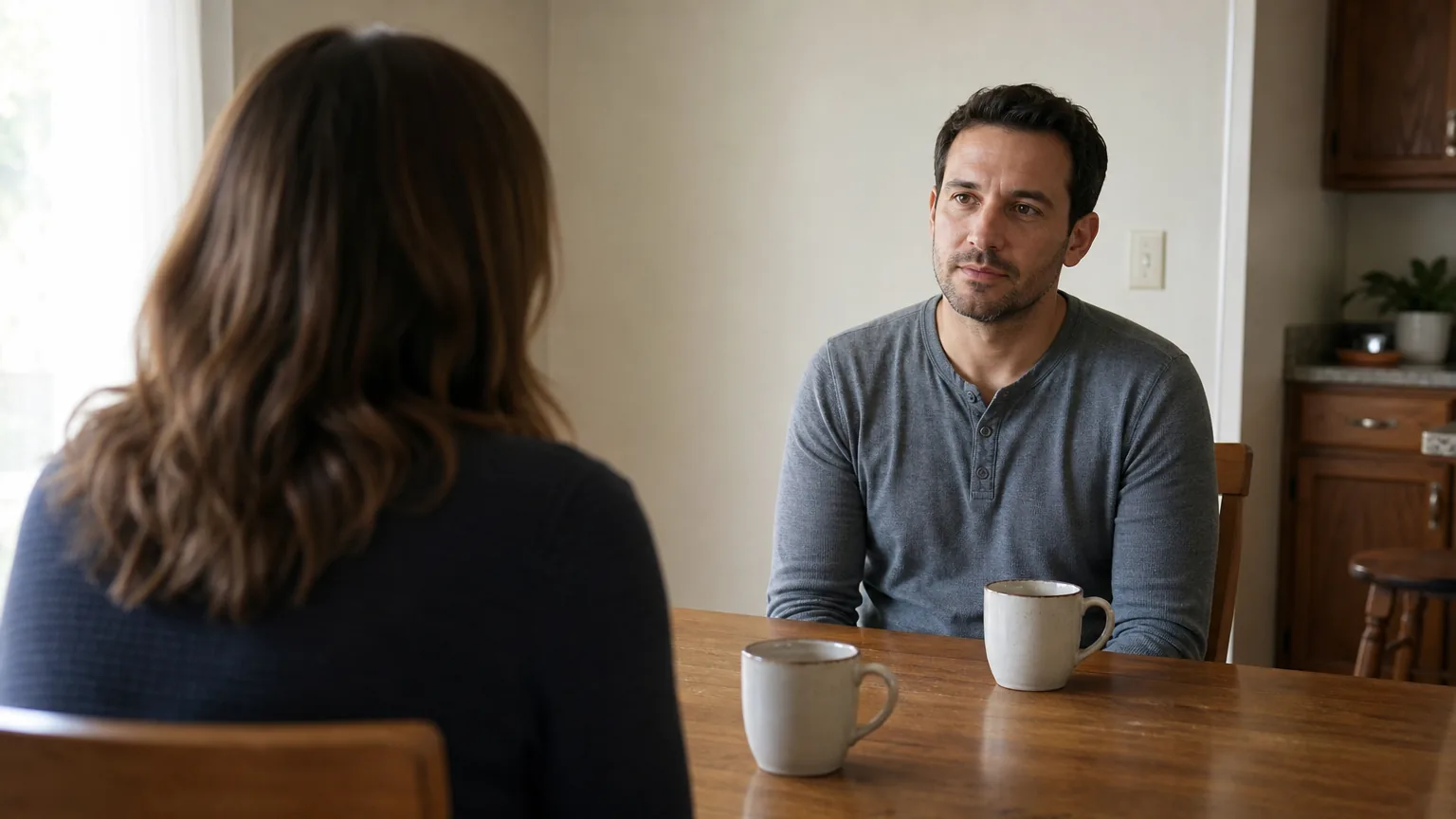 Two people talking across a kitchen table