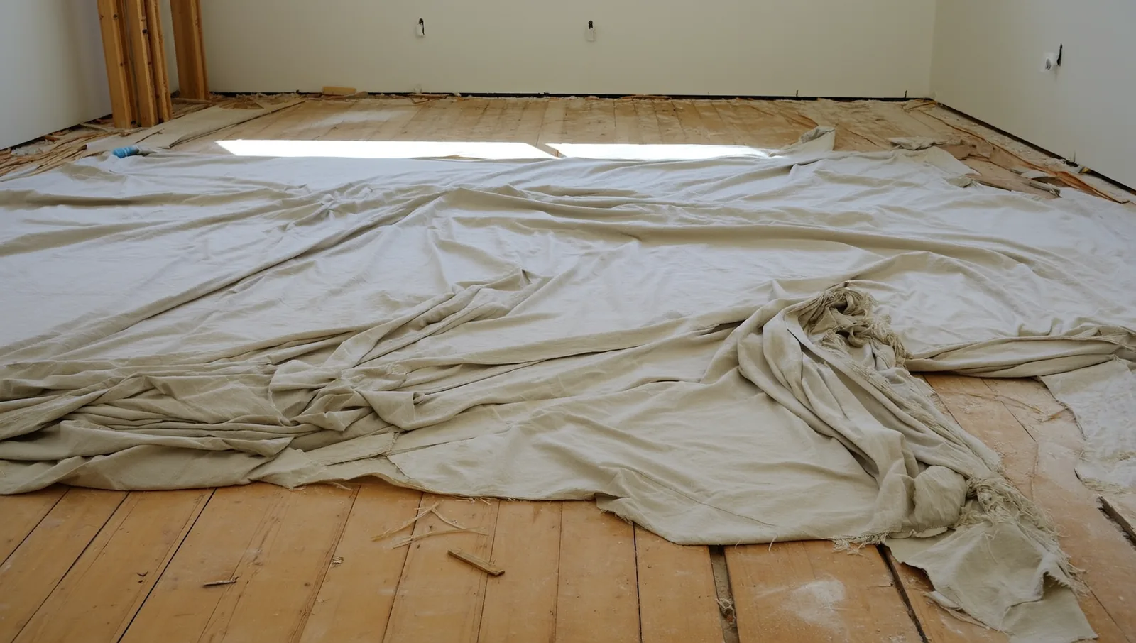 Canvas drop cloths over a bare wood floor