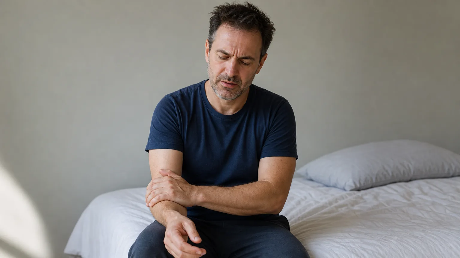 Man on the edge of a bed rubbing his forearm