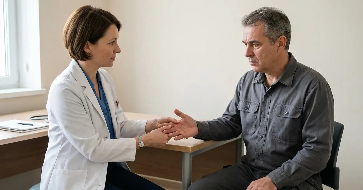 Doctor examining a man's hand in a clinic