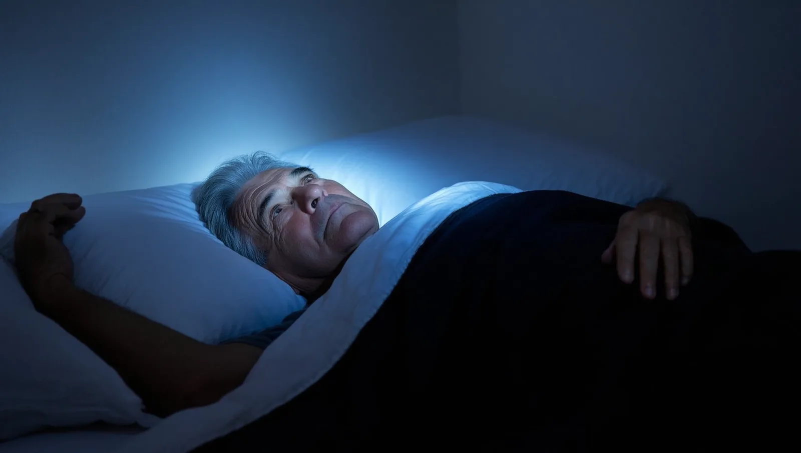 Man lying awake in bed at night