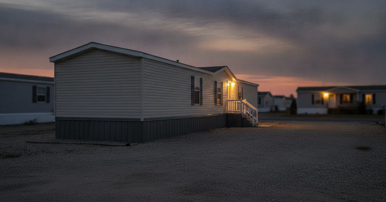 A single-wide manufactured home on a gravel lot at dusk