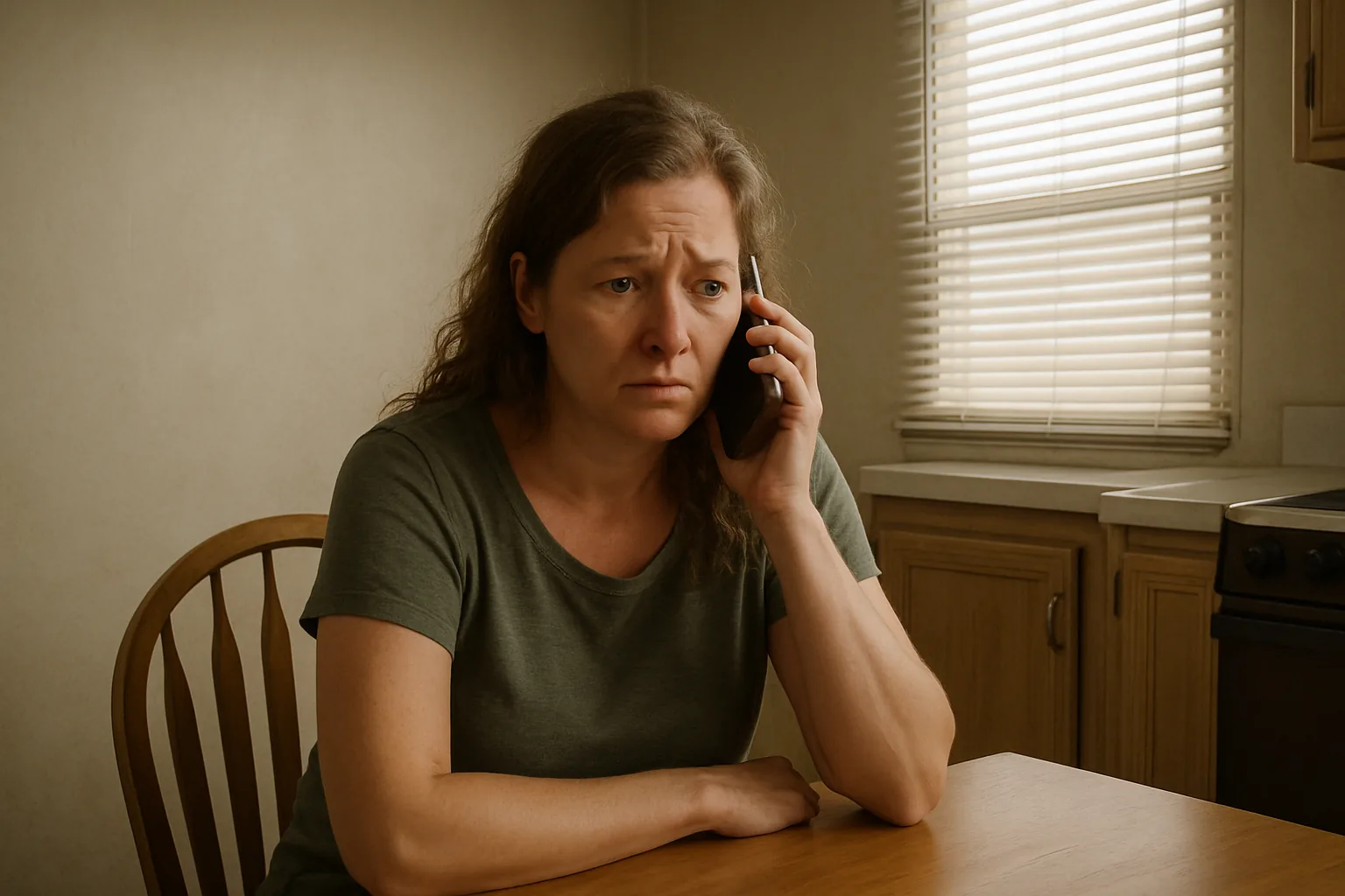 A woman at a kitchen table holding a phone to her ear