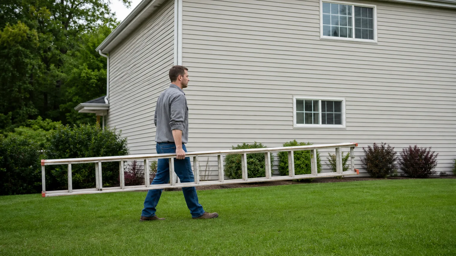 Man carrying a long extension ladder across a lawn