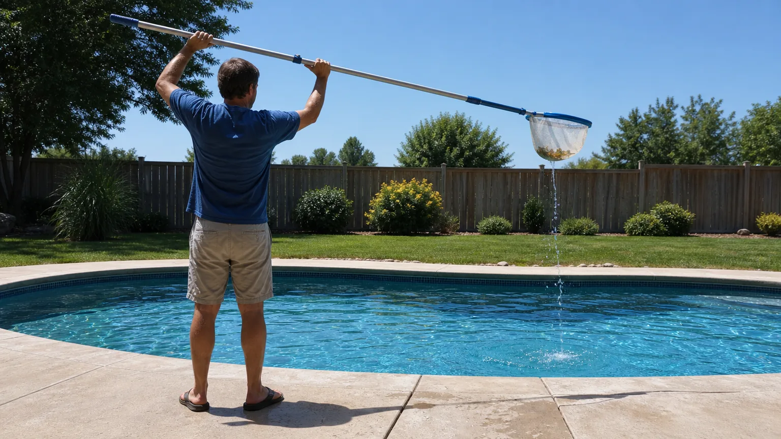 A man lifting a pool skimmer pole overhead beside a pool