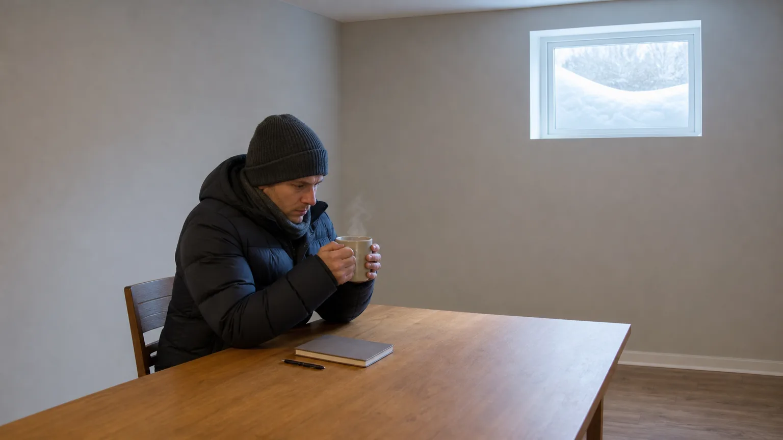 Person in a winter coat holding a mug at a desk