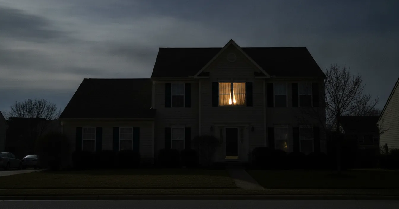 A two-story suburban house at night with every window dark except one upstairs room lit by a single warm light.