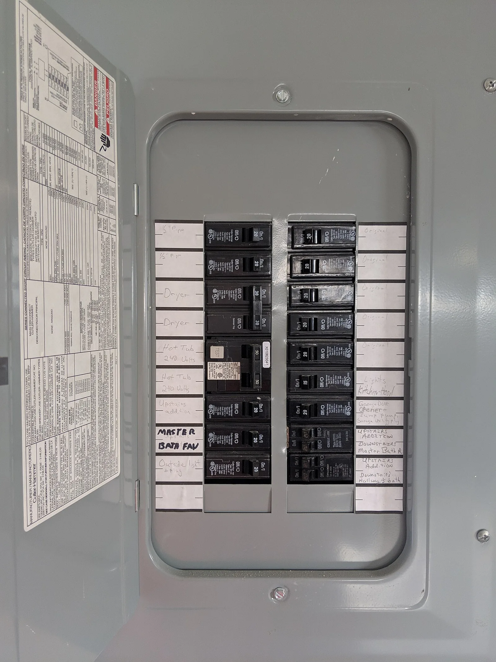 An opened residential load center showing two rows of stab-in breakers behind the dead front, with a handwritten circuit directory listing the dryer, hot tub, and sump pump.