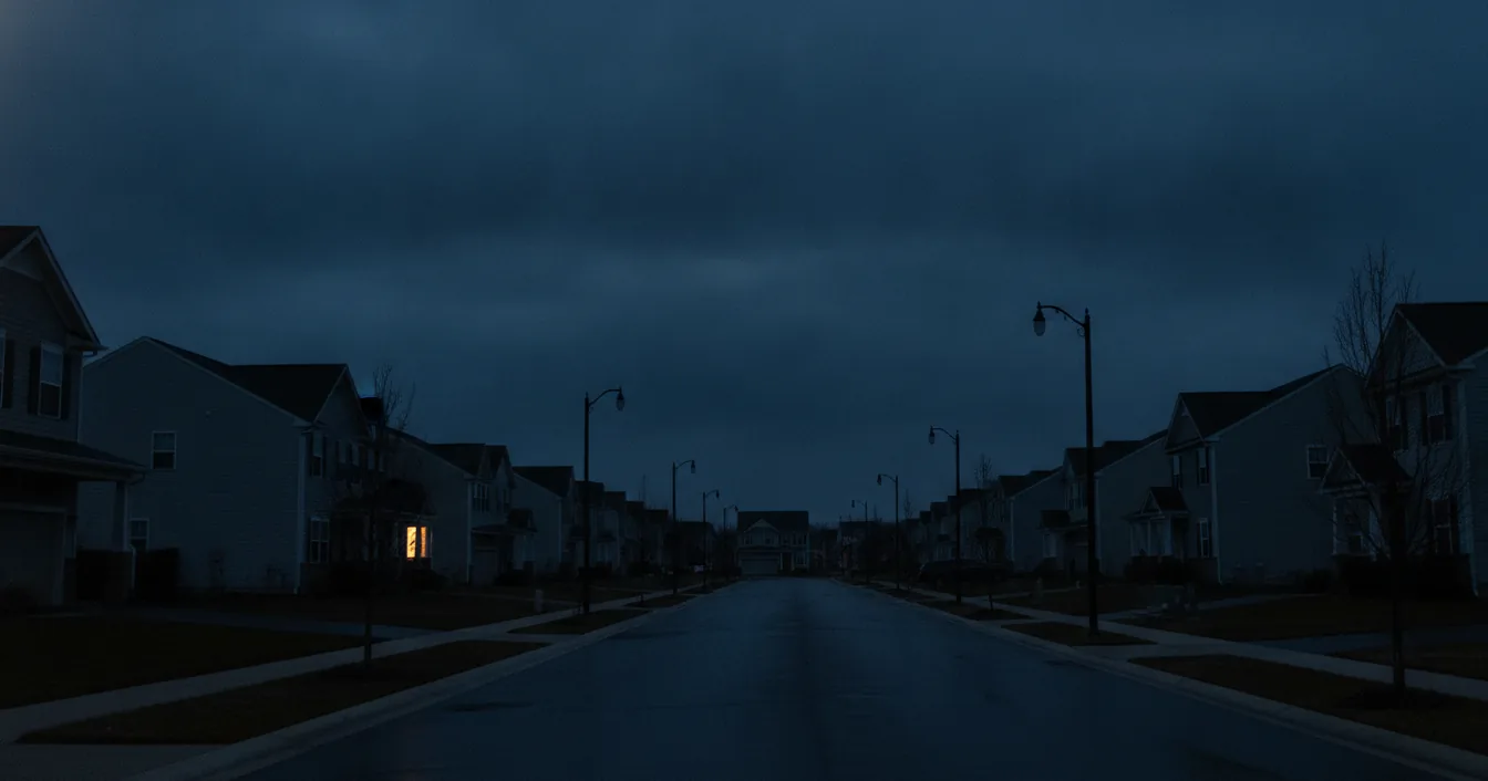 A suburban street of darkened houses at night during a power outage, with a single window glowing from a lantern inside one home.